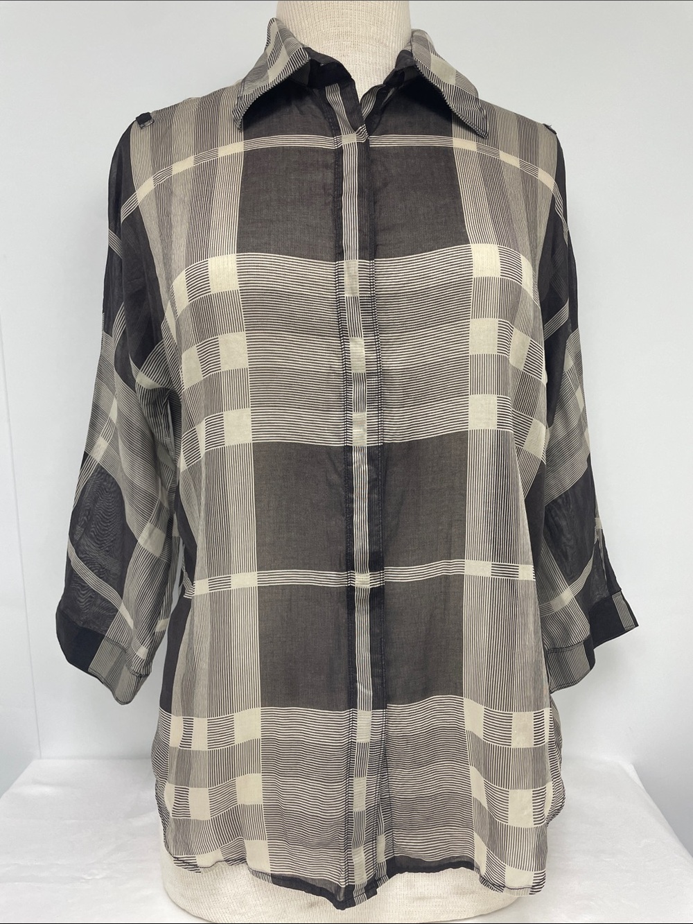 Burberry Black and Cream Plaid Sheer Button-Down Top